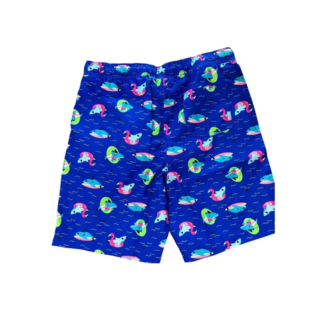 Lands End Swim Trunks Electric Blue Funny Sharks Boys XL